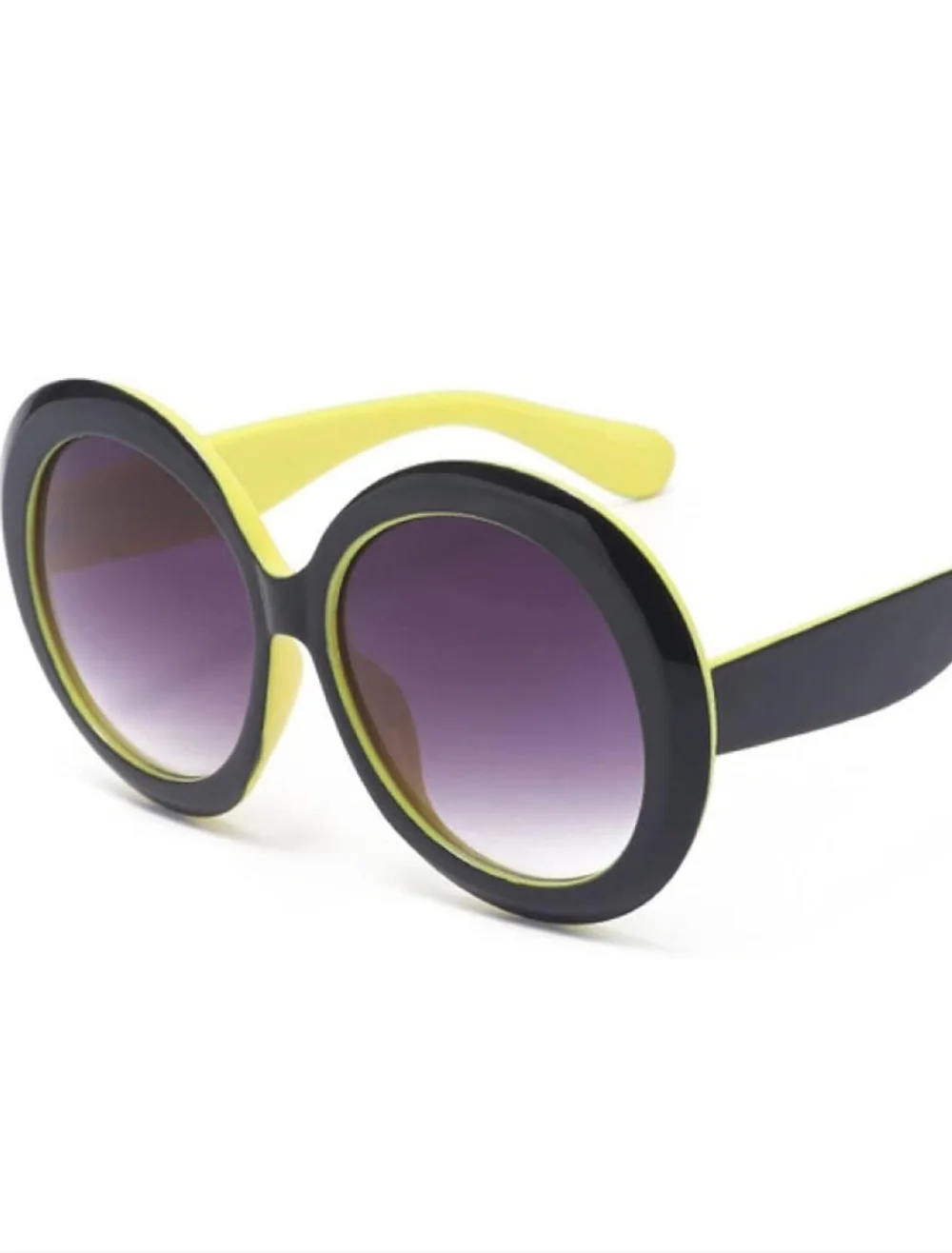 Unisex Oversized Black/Yellow Round Sunglasses with Purple Gradient Lenses